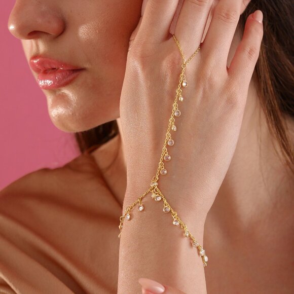 14K Gold Plated Slave Bracelet-Minimalist Hand Chain Bracelet-925 Sterling Silve - Picture 2 of 4